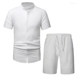 Men's Tracksuits 2023 Summer Fashion Cotton Linen Set Solid Henry Short Sleeve Shirt Sports Shorts Two Piece For Mens Casual Beach