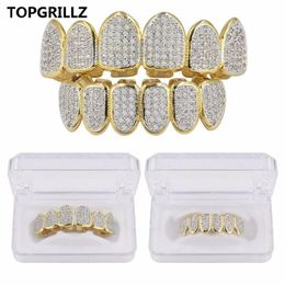 Hip Hop Iced Out CZ Gold Teeth Grillz Caps Top and Bottom Diamond Tooth Grillzs Set For Men Women Gift Grills282u