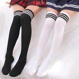 Women Socks 1pair Sexy Striped Thigh High Stockings For Girls Trendy Warm Cotton Black White Grey Over Knee Stocking Female Long