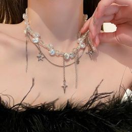 Pendant Necklaces Irregular White Pearl Metal Chain Transparent Zircon Tassel Hollow Star Necklace For Women Girl Trendy Y2K Jewelry