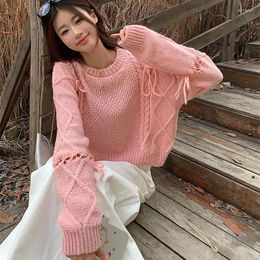 Women's Sweaters Hsa 2023 Cute Hollow Out Lace-up Pullover Women Sweater Autumn O-neck Female Casual Chic Youth Girl Loose Lazy Knit Tops