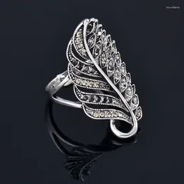 Cluster Rings KIOOZOL Vintage Hollow Full Cubic Zirconia Antique Silver Color Leaf Ring For Women Wedding Party Jewelry Accessories KO1