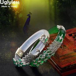 Uglyless Real 925 Sterling Silver Bangles for Women Thai Silver Animal Chalcedony Peacock Bangles Jade Creative Bracelet Jewellery C224S