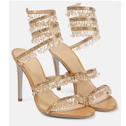 Sandals 2023 Women's Rhinestone Fashion Tassel Crystal Shoes Sexy Nightclub Banquet Party Twining Stiletto