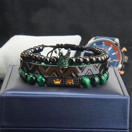 3Pcs Set Crown Bangel Bracelet For Men Green CZ Crown Braiding Bracelet Fashion Stainless Steel Cuff Jewelry258o