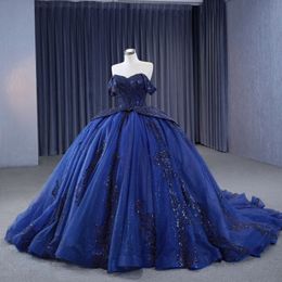 Navy Blue Shiny Quinceanera Dresses for Sweet 15 Year Sexy Off the Shoulder Puffy Ball Gown Lace Appliques Beads Crystal Princess Gowns