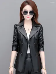 Women's Leather Jacket 2023 Spring Women Sheepskin Coat Long Sleeve Slim Skiny Blazer Belt