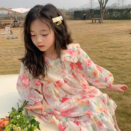 Girl Dresses Deer Jonmi 2023 Spring Baby Girls Chiffon Princess Floral Printed Korean Style Toddlers Kids Vacation Dress