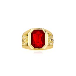 Hip Hop Jewelry Gold Tone Engraved Mens Rings with Red Ruby Cubic Zirconia Stone Size 7-11 Fashion Party Ring