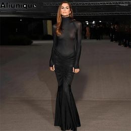 Work Dresses Elegant Woman See-through Long Maxi Mesh Dress Sets Sexy Autumn Sleeve Bodysuit And Skirts Two Piece Set Party Club Outfit