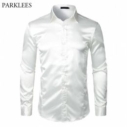 Stylish White Silk Satin Shirt Men Chemise Homme Casual Long Sleeve Slim Fit Mens Dress Shirts Business Wedding Male Shirt 200925286e