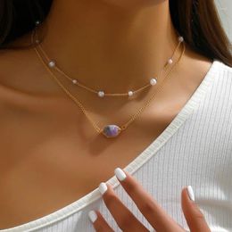 Pendant Necklaces Minar Fashion Irregular Purple Color Natural Stone Double Layers Faux Pearl Choker For Women Pendientes