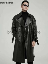 Men's Jackets Mauroicardi Spring Autumn Long Black Crocodile Print Pu Leather Trench Coat Men Belt Double Breaste Runway European Fashion 2023 J231019