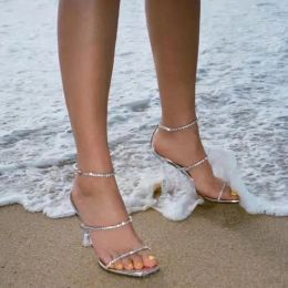 Designer Amina Muaddi Gilda crystals-embellished clear PVC mules slippers On pointed toe high-heeled summer Slip silver leather Sandals party heele36-42