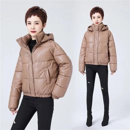 Women's Trench Coats Winter Women Solid Leather Jacket Short Casual Down Cotton Coat Female Slim Hooded Thicken Warm Overcoat