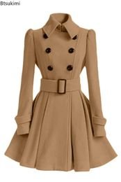 Women's Wool Blends 2023 Womens Elegant Thick Midi Length Doublebreasted Overcoat Keep Warm Aline Loose Hem Tight Waist Woollen Coat with Belt 231018