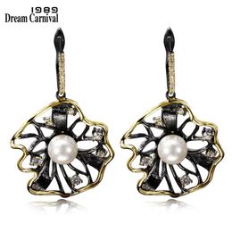 DreamCarnival 1989 Lotus Flower Earrings Hollow Created Pearl CZ Black Gold Colour Hip Hop Pendientes tipo gota Parties Jewelries 2254p
