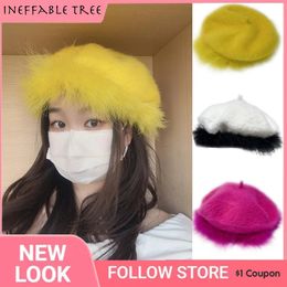 Berets Y2K Ambient Trend Cap Rabbit Fur Plush Beret Hats for Women Autumn Winter Version of The Japanese Painter Hat Sombreros De Mujer 231018