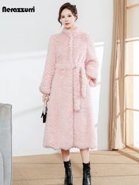 Women's Wool Blends Nerazzurri Winter Long Colorful Warm Soft Hairy Fluffy Coats for Women Stand Collar Sashes Luxury Designer Clothes 2023 231018