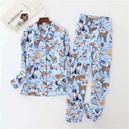 Blue Women Pyjamas Cute Dog Print Brushed Cotton Pijama Long Sleeve Elastic Waist Pants Lounge Nightwear pyjamas S80001 Y2007082538