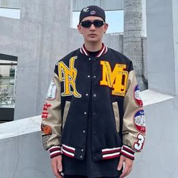 Men's Jackets Baseball uniforms embroidered stitching contrasting color jackets for men and women high street vibe style loose couple jackets 231018