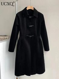 Womens Wool Blends UCXQ Vintage Black Lapel Leather Buttons Woollen Overcoat Loose Casual Long Jacket Female Fashion Women Coat Autumn 231018