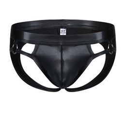 Underpants Gay Men Underwear Leather Cloak Mens Briefs Bikini G-string Thong Sexy Erotic Penis Thongs String Homme319F