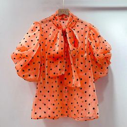 Women's Blouses Butterfly Collar Puff Sleeve Shirts Single-breasted Slightly Transparent Vintage Korean Chic Polka Dot Print Blusas