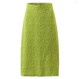 Skirts Withered 2023 Straight Long Skirt French Style Fashion Vintage Glass Green Small Floral Print Midi Women