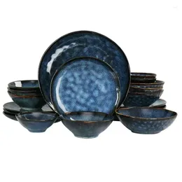 Dinnerware Sets 20 Pieces Round Stoare Triple Bowl Set In Blue