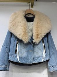 Women's Trench Coats European Street Denim Parka For Women Big Fur Collar Detachable Faux Coat Short Thickened Warm Niche Jacket
