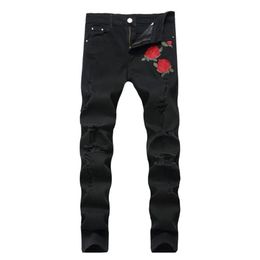 Rose Embroidery Jeans High Quality Fashion Blue Black Ripped Male Tide Slim Pants2665