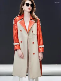 Женская кожаная куртка 2023, осенняя цветная куртка высокого качества, женское длинное пальто из натуральной кожи, офисное женское двубортное овечье пальто