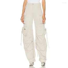 Women's Pants Runway Women Fashion Loose High Waist Multi Pocket Overalls 2023 Early Autumn Street Casual Grey White Cargo