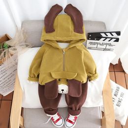 Clothing Sets Autumn Winter Children Boys 2PCS Clothes Set Cartoon Dog Hooded Tops Cotton Fleece Solid Pants Baby Boys Outfits Infant Boys Set 231019