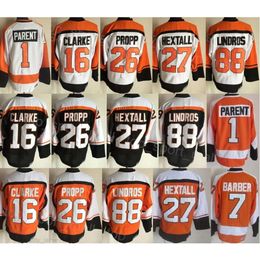 Man Retro Hockey 88 Eric Lindros Jerseys 16 Bobby Clarke 27 Ron Hextall 26 Brian Propp 1 Bernie Parent 7 Bill Barber 8 Dave Schultz Vintage Stitch Black Orange White