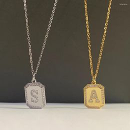 Pendant Necklaces Vintage CZ Pave Letter Carved Square Tag Charm Necklace Trendy Gold Colour Alphabet Copper Steel Chain Choker DIY Jewellery