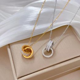 Pendant Necklaces Korean Fashion Stainless Steel Crystal Double Ring Necklace Clavicle Chain Choker Luxry Jewellery Gift For Women