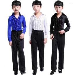 Stage Wear Long Sleeve Dress Shirts For Boys Dance Latin Dancing Tango Mens Kids Morden Shirt Lace Ballroom Costumes Children