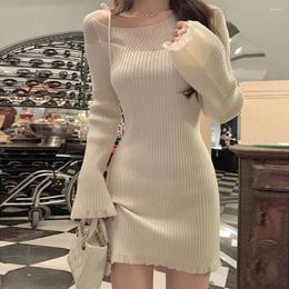 Casual Dresses Bandage Off-Shoulders Lace Stitching Knitted Long-Sleeved Women's Mini Dress Fall Temperament Sexy Fashion Lovely Party