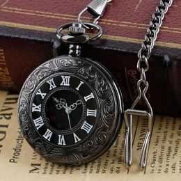 Pocket Watches Realpoo Black Hollow Case Doble Roman Number Men's Watch With Fob Chain Nice Xmas Gift