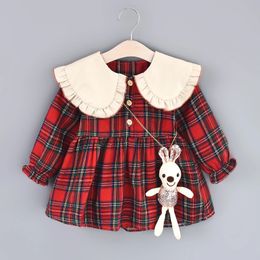 Girl's Dresses Girls' Autumn Long Sleeve Dress Children's Large Polo Neck Pleated Edge Plaid Princess DressLittle Rabbit Jewelry Bag 231019