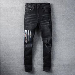 Graphic Jeans Men Trousers Fashion High Street Men Black Multicolor Letter Print Elastic Motorcycle Pants Hip Hop3124