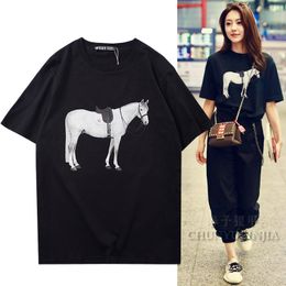 Chun yu yin jia luxury brand Designer High Quality clothes 3D Print Horse Pattern Short-Sleeve graphic tshirt Black White women tee Plus size XL