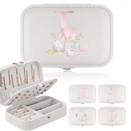 Cosmetic Bags Jewellery Box Earrings Storage Bag Desktop Drawer Necklace Ring Holder PU Leather Organiser Display Fashion Pink Flowers Letters