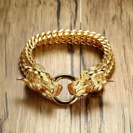 Men's Punk Double Dragon Head Herringbone Chain Bracelet for Men Braslet Stainless Steel Gold Tone Hip Hop Male Jewellery 22 5c301r