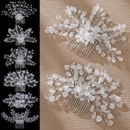 Hair Clips Silver Color Flower HairComb Jewelry Girls Handmade Alloy Crystal Hairpin Comb Bridal Tiaras Wedding Accessory