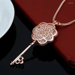 Pendant Necklaces Luxury Design Flower Key Long Necklace Women Rose Gold Color Jewelry Femalel Sweater Chain