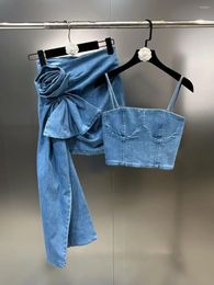 Work Dresses 2023 Summer Wrap Slim Hanging Strap People Rose Half Skirt Street Trendy Denim Set