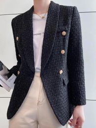 Women's Suits Women Fashion Blue Double Breasted Blazer Coat Autumn Winter Vintage Long Sleeve Flap Pockets Black Temperament Suit Outerwear